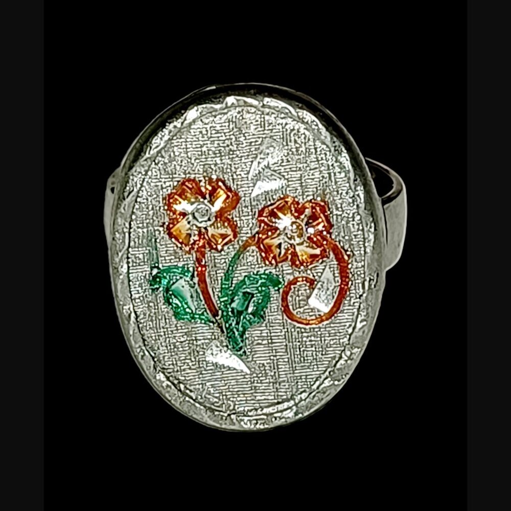 Kelly Waters Hand Engraved Pewter Adjustable Ring Resting Size 6.5 Floral Design